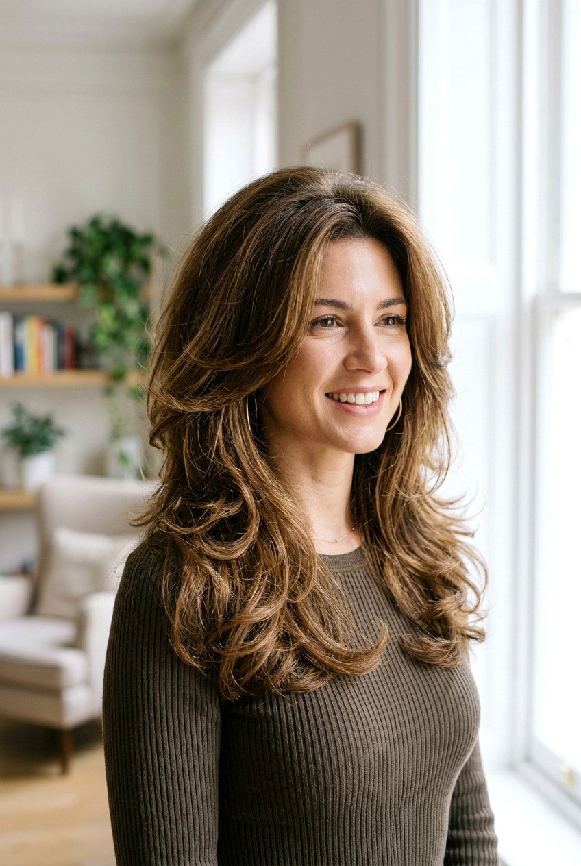 Voluminous mid length layers - 20 medium haircuts for round faces - 20 medium haircuts for round faces