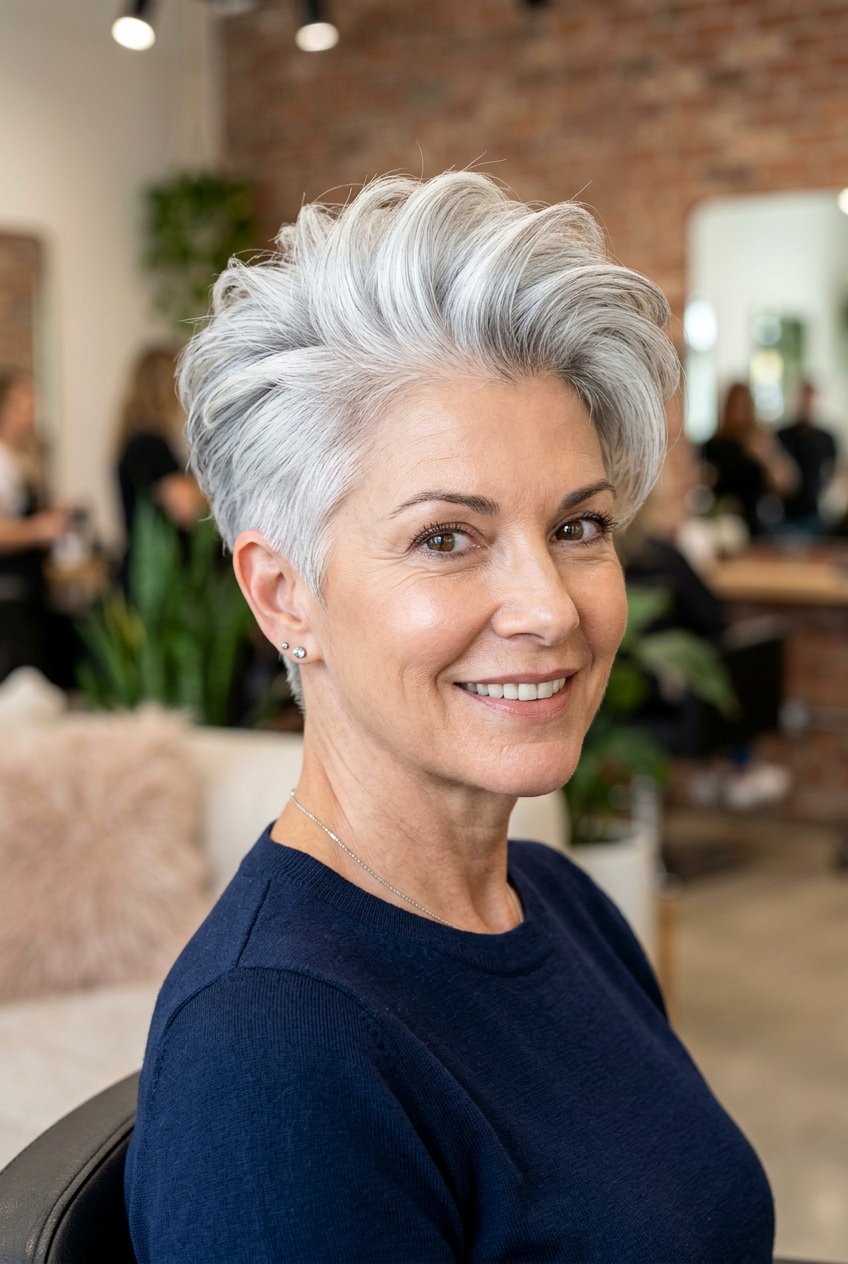 Voluminous silver pixie - 20 gray pixie haircut - 20 gray pixie haircut