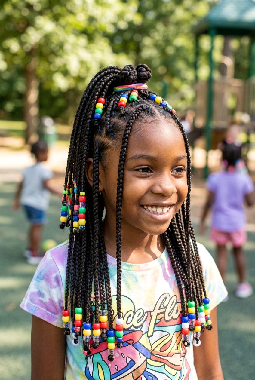 Waist Length Knotless Braids with Multicolor Beads - 20 kids knotless braids with beads - 20 kids knotless braids with beads