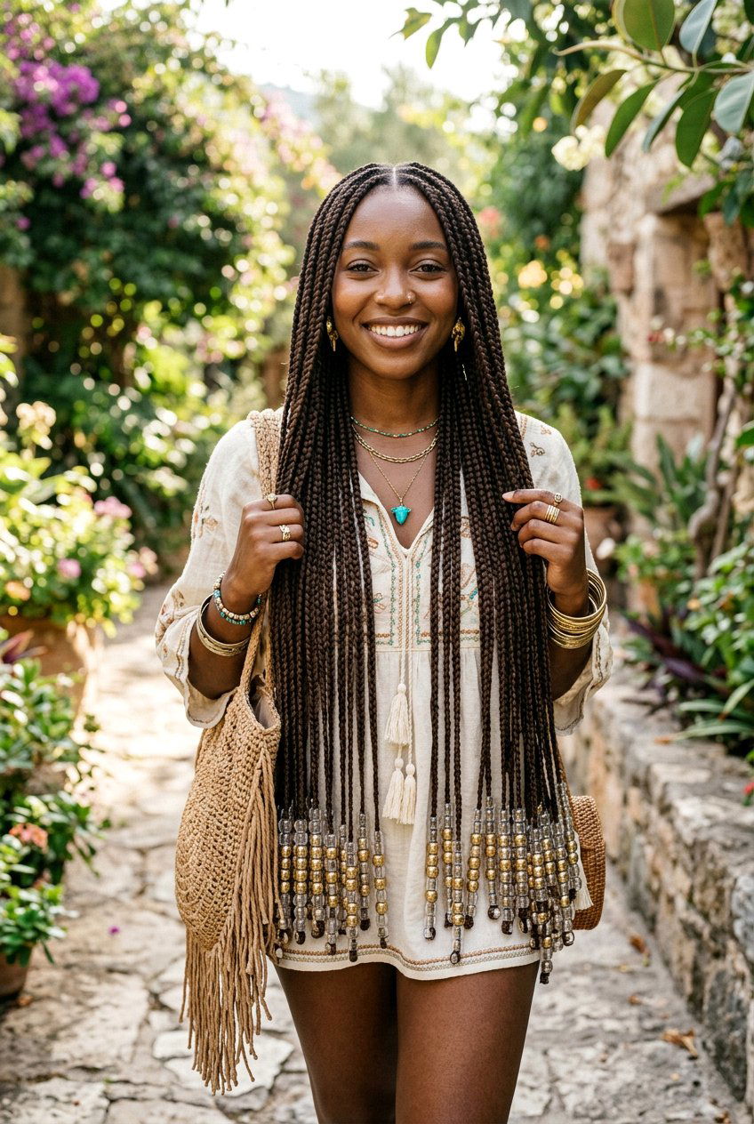 Waist length box braids with stacked beads - 20 box braids with beads - 20 box braids with beads