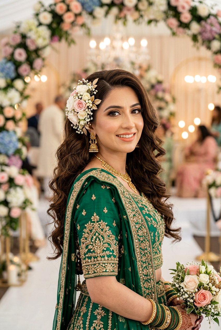 Walima Soft Curls With Floral Hair Accessory - 20 walima hairstyle with soft curls - 20 walima hairstyle with soft curls