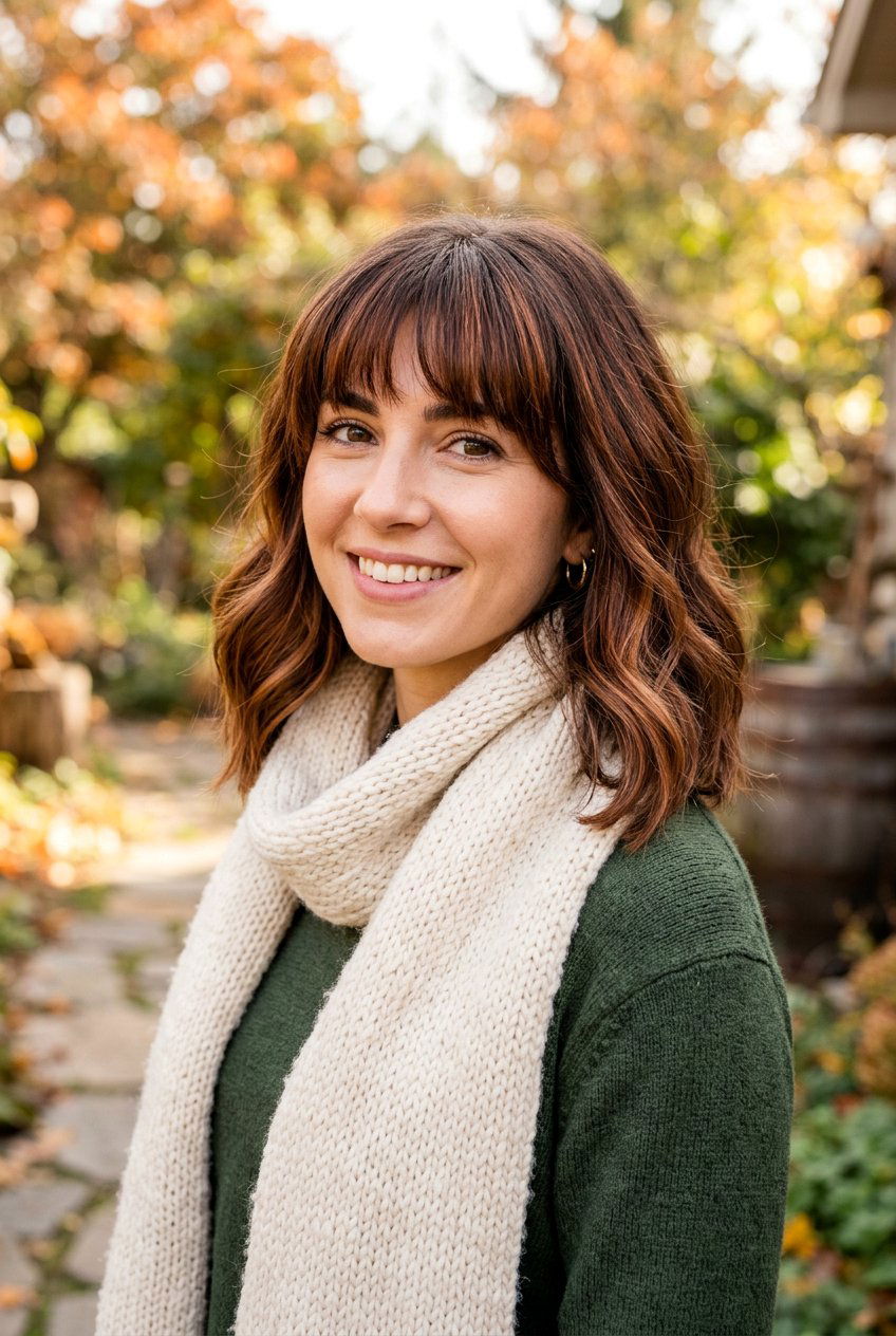 Warm Auburn Highlights On A Brunette Lob With Bangs - 20 autumn auburn highlights for brunettes - 20 autumn auburn highlights for brunettes