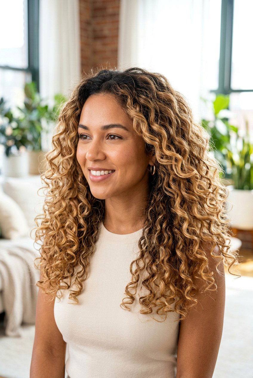 Warm Blonde Balayage on Curly Hair - 20 warm blonde balayage - 20 warm blonde balayage