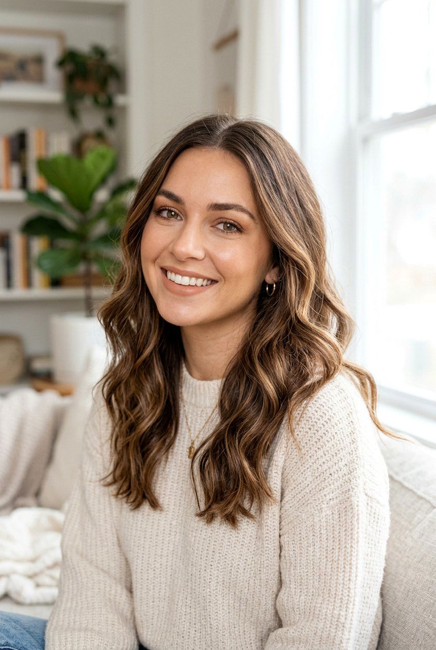 Warm Brunette Babylights For Soft Glow - 20 soft babylights on brunette hair - 20 soft babylights on brunette hair