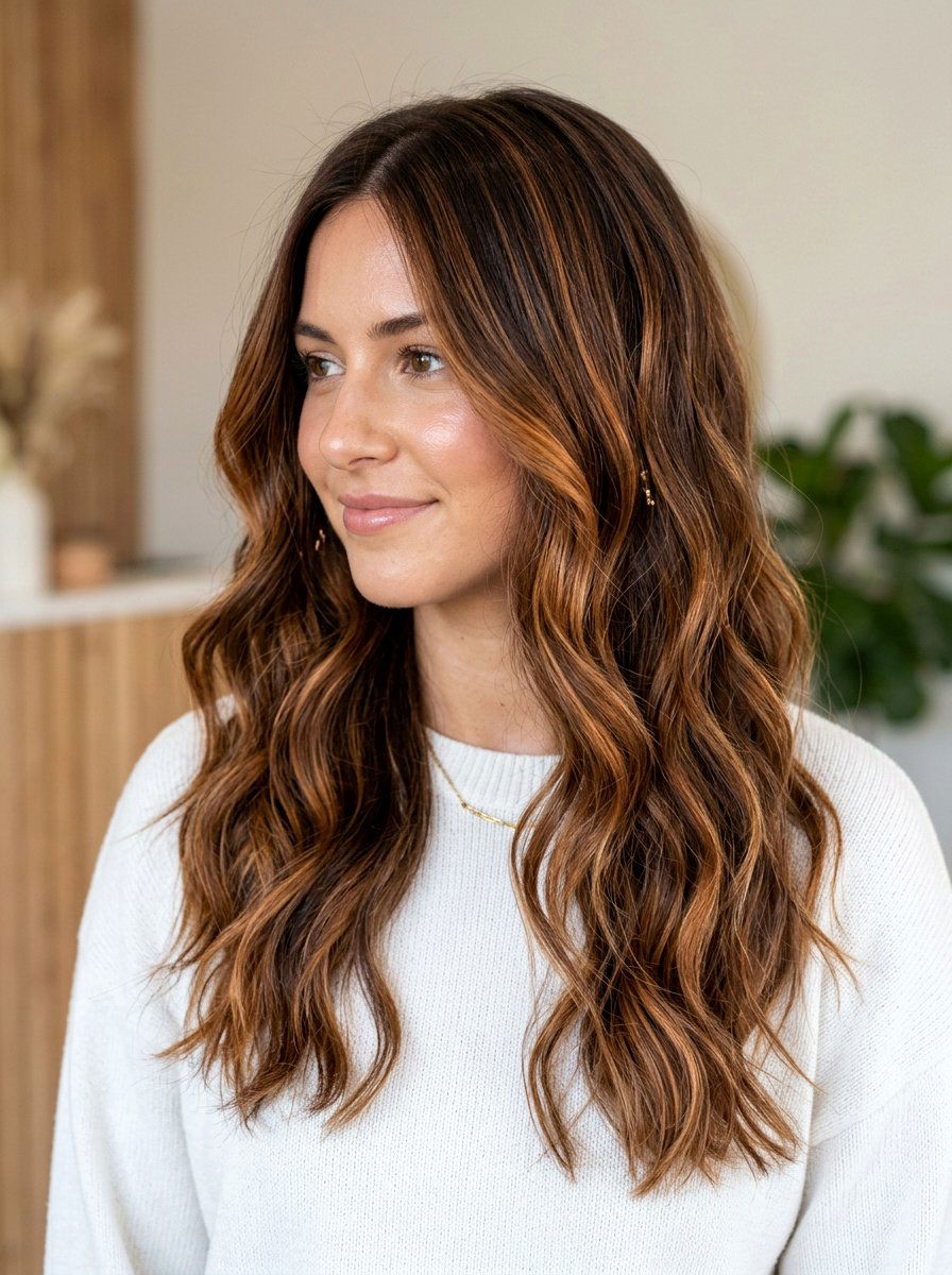 Warm Brunette With Copper Caramel Highlights - 20 dimensional copper for long layers - 20 dimensional copper for long layers