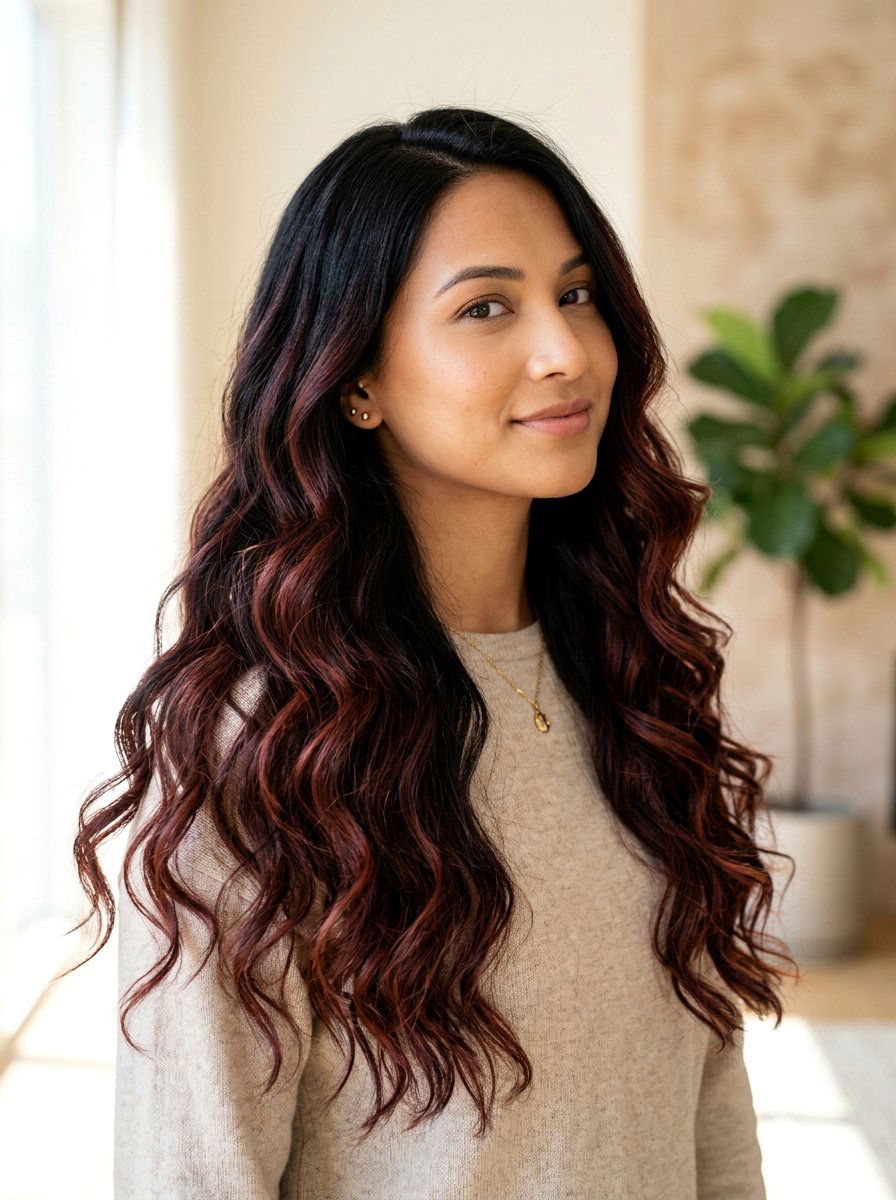 Warm Burgundy Balayage Highlights On Long Black Hair - 20 warm burgundy balayage on black hair - 20 warm burgundy balayage on black hair
