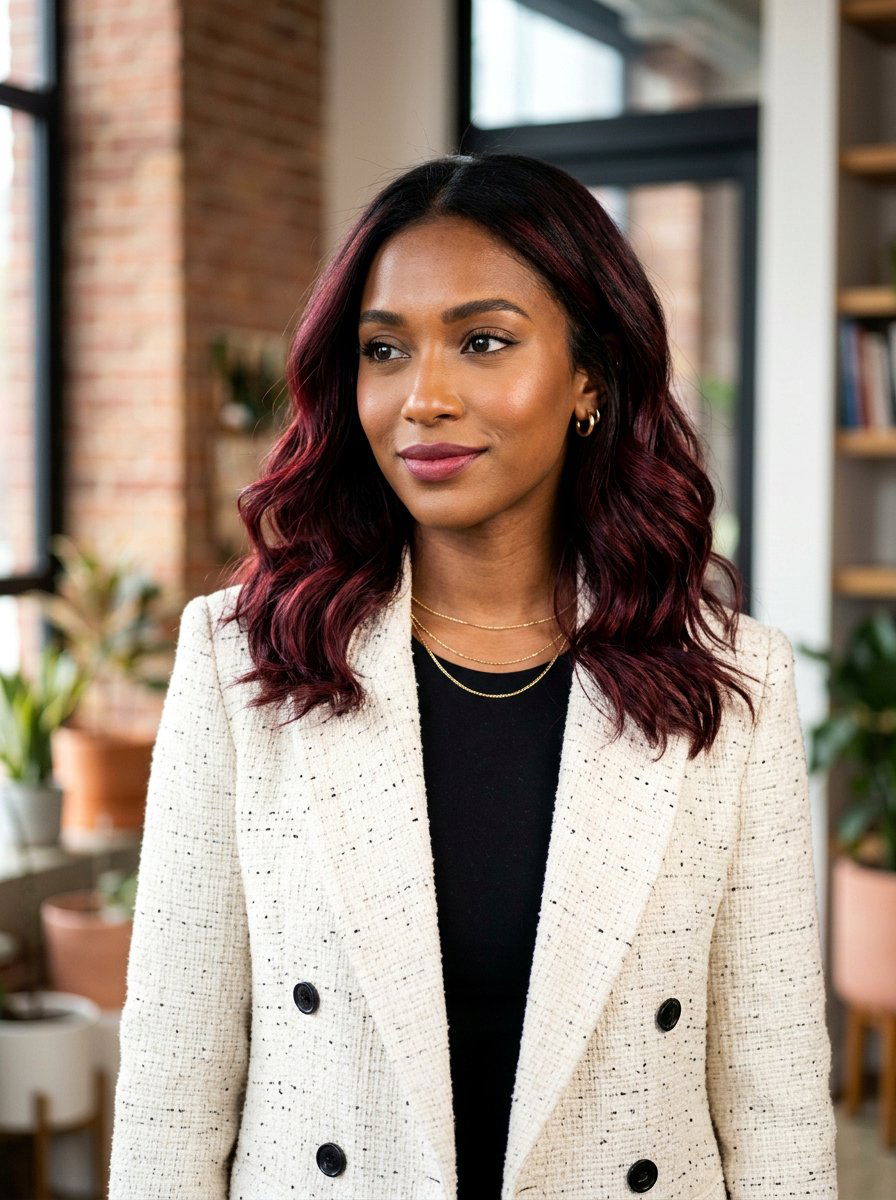 Warm Burgundy Balayage Lob On Black Hair - 20 warm burgundy balayage on black hair - 20 warm burgundy balayage on black hair