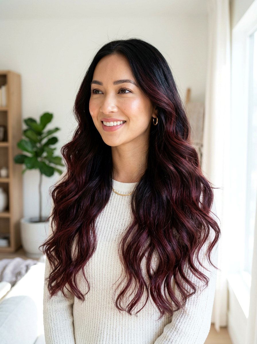 Warm Burgundy Balayage On Black Hair For Long Length - 20 warm burgundy balayage on black hair - 20 warm burgundy balayage on black hair