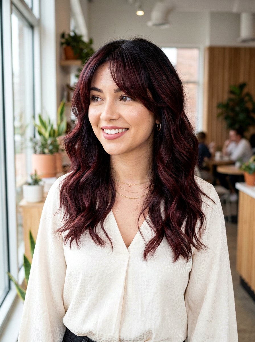 Warm Burgundy Balayage On Black Hair With Curtain Bangs - 20 warm burgundy balayage on black hair - 20 warm burgundy balayage on black hair