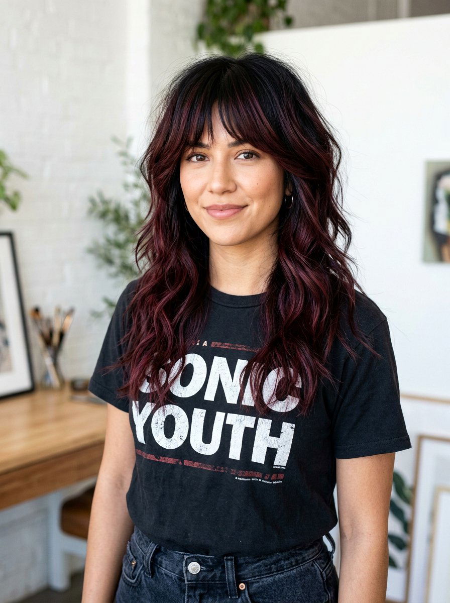 Warm Burgundy Balayage On Black Hair With Layers And Bangs - 20 warm burgundy balayage on black hair - 20 warm burgundy balayage on black hair