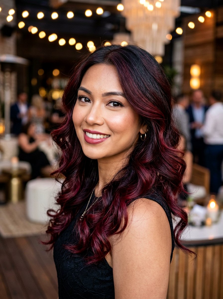 Warm Burgundy Balayage On Black Hair With Loose Curls - 20 warm burgundy balayage on black hair - 20 warm burgundy balayage on black hair