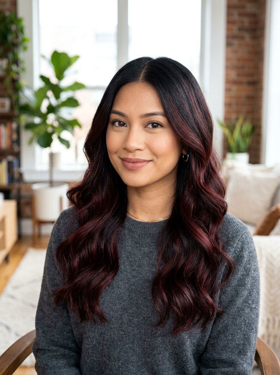 Warm Burgundy Balayage On Black Hair With Middle Part - 20 warm burgundy balayage on black hair - 20 warm burgundy balayage on black hair