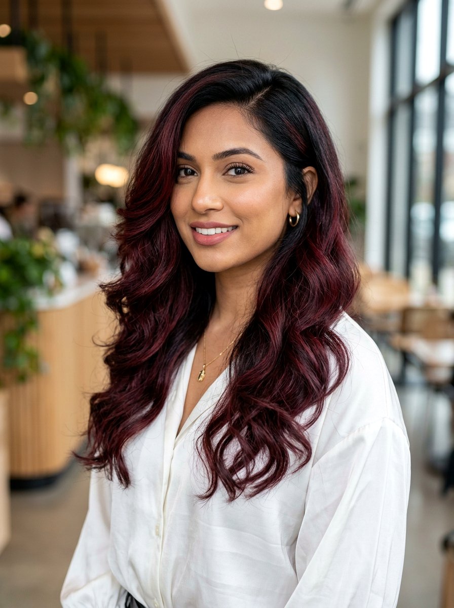 Warm Burgundy Balayage On Black Hair With Side Part - 20 warm burgundy balayage on black hair - 20 warm burgundy balayage on black hair