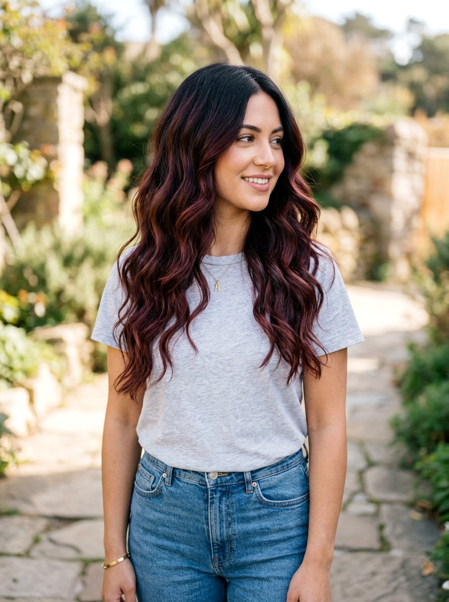 Warm Burgundy Balayage On Black Hair With Soft Waves - 20 warm burgundy balayage on black hair - 20 warm burgundy balayage on black hair