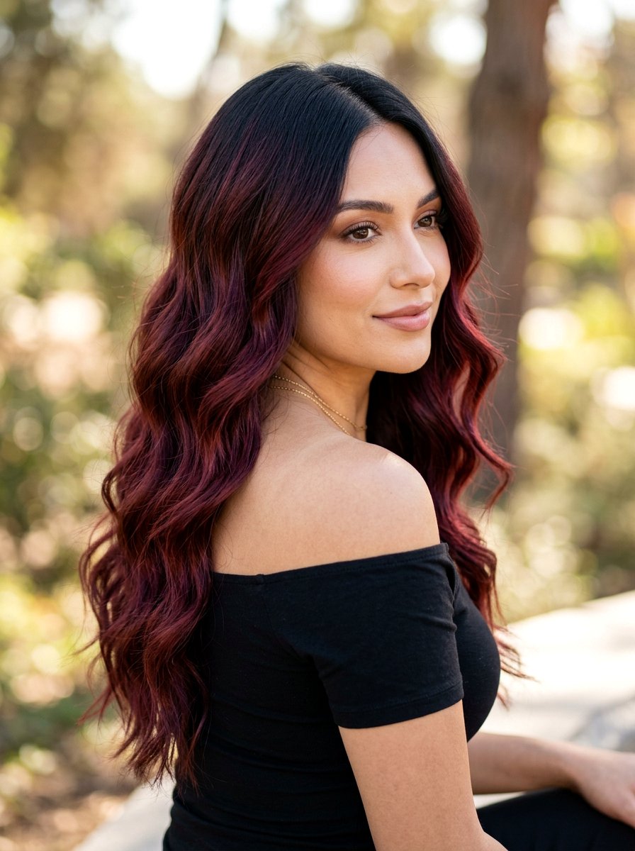 20 Stunning Warm Burgundy Balayage on Black Hair Looks