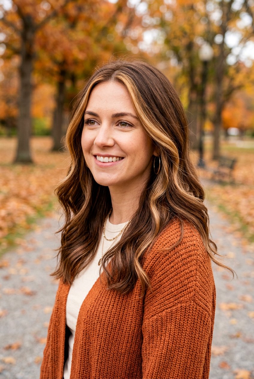 Warm Caramel Money Piece on Chestnut Brown Hair - 20 brunette hair with caramel money piece - 20 brunette hair with caramel money piece