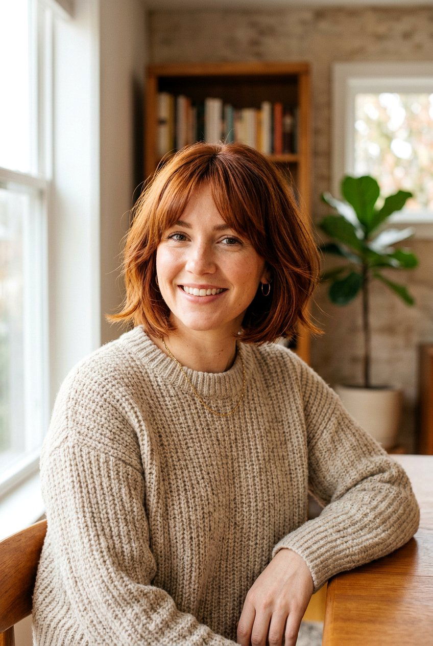 Warm Cinnamon Bob With Curtain Bangs - 20 bob with curtain bangs - 20 bob with curtain bangs