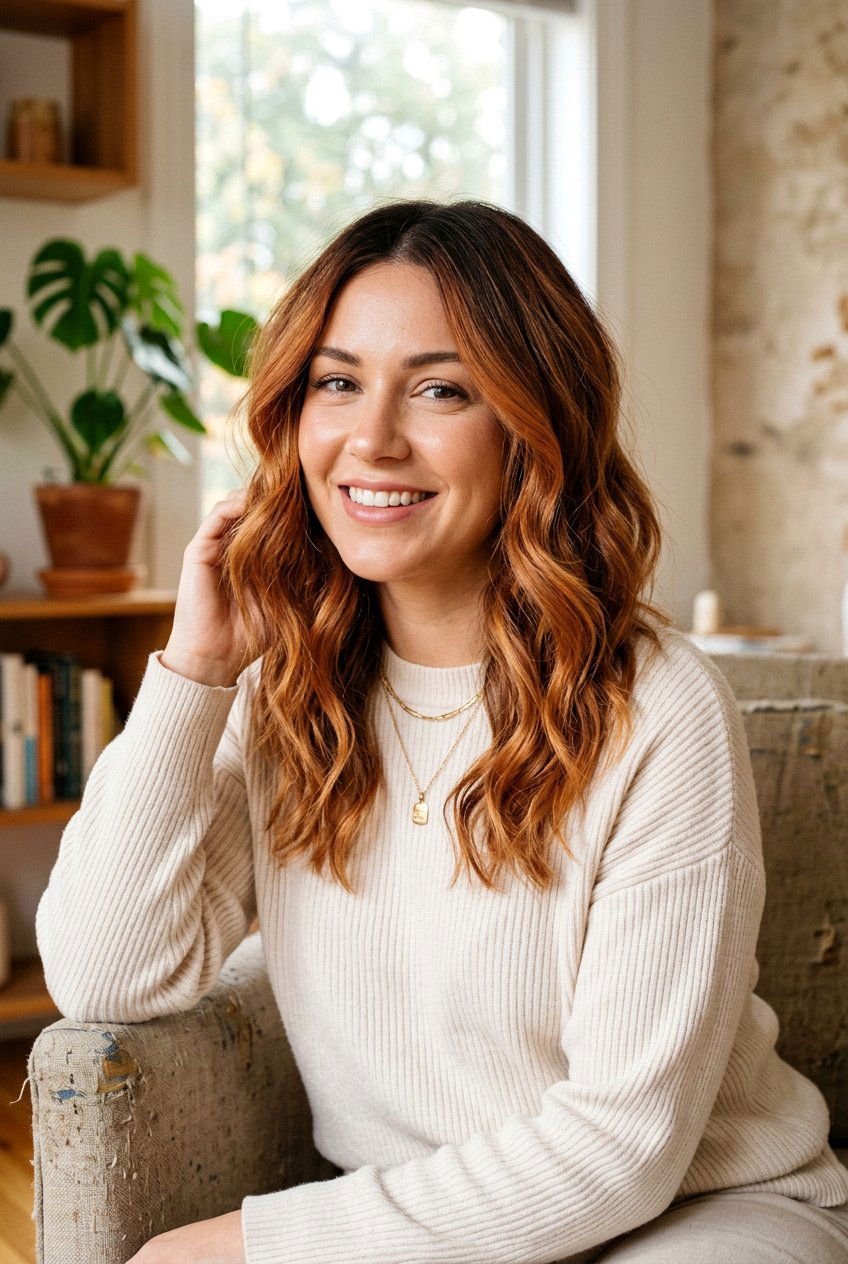 Warm Copper Balayage With Beach Waves - 20 copper balayage for shoulder length hair - 20 copper balayage for shoulder length hair