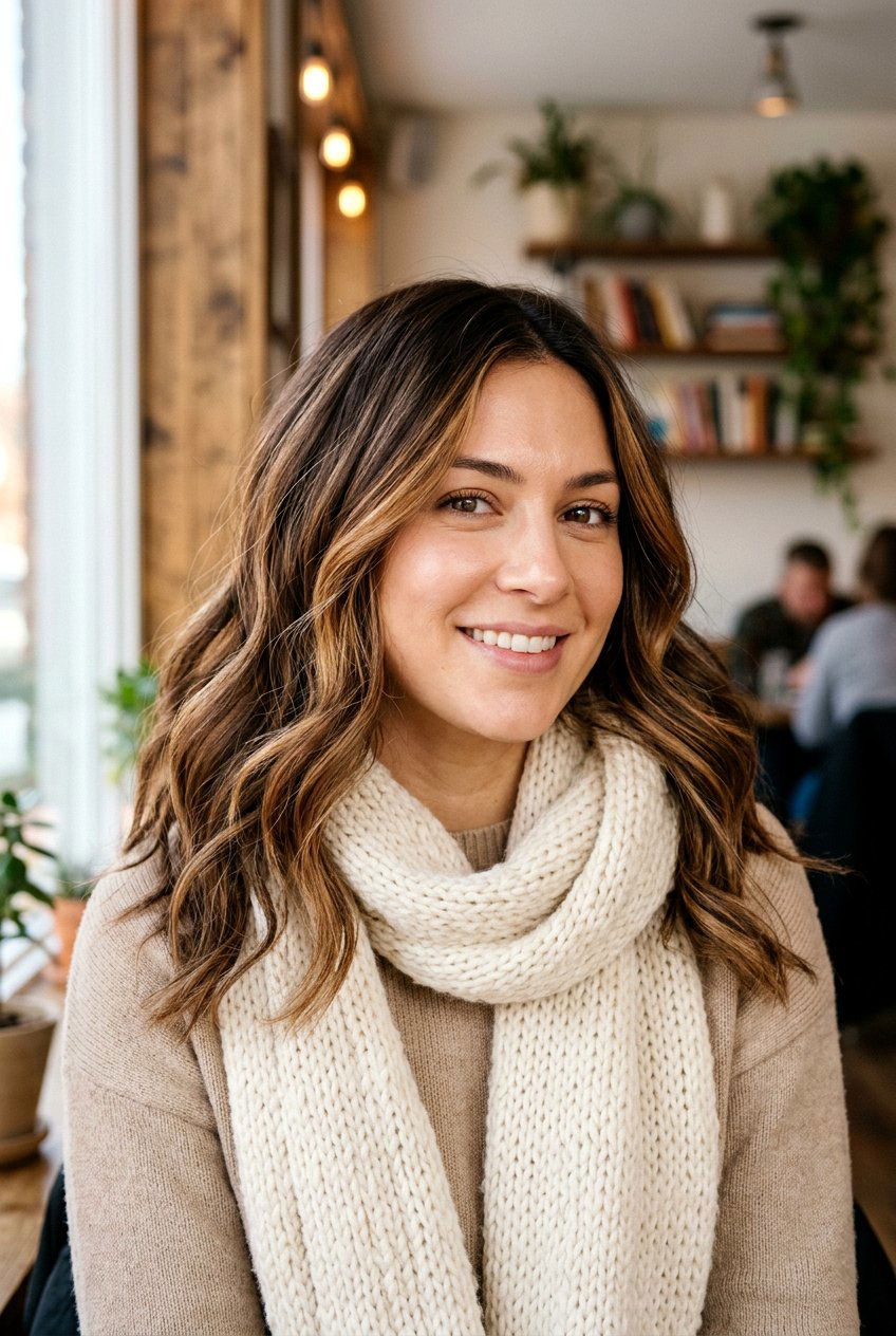 Warm caramel highlights on mocha hair - 20 delicate caramel ribbons for mature brunettes - 20 delicate caramel ribbons for mature brunettes