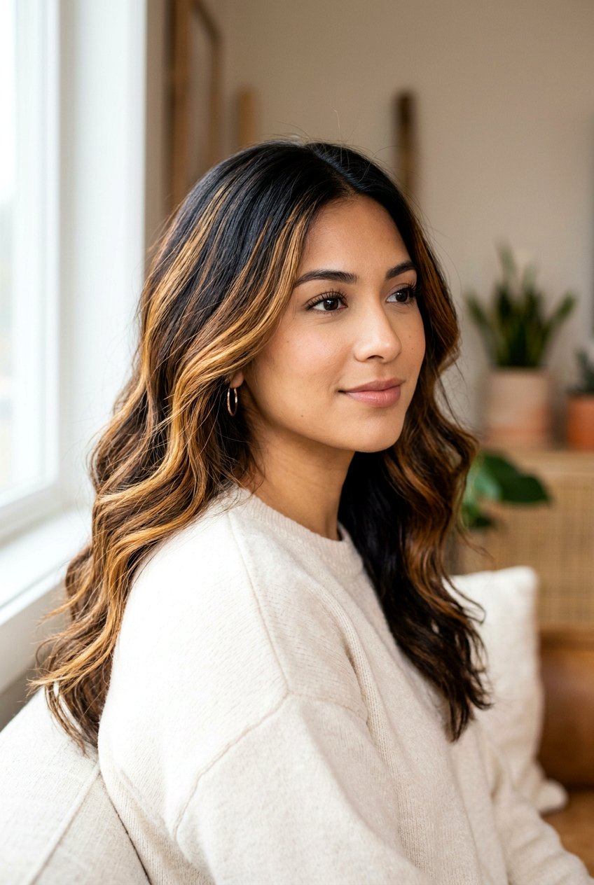 Warm honey highlights on espresso hair - 20 honey highlights on dark hair - 20 honey highlights on dark hair