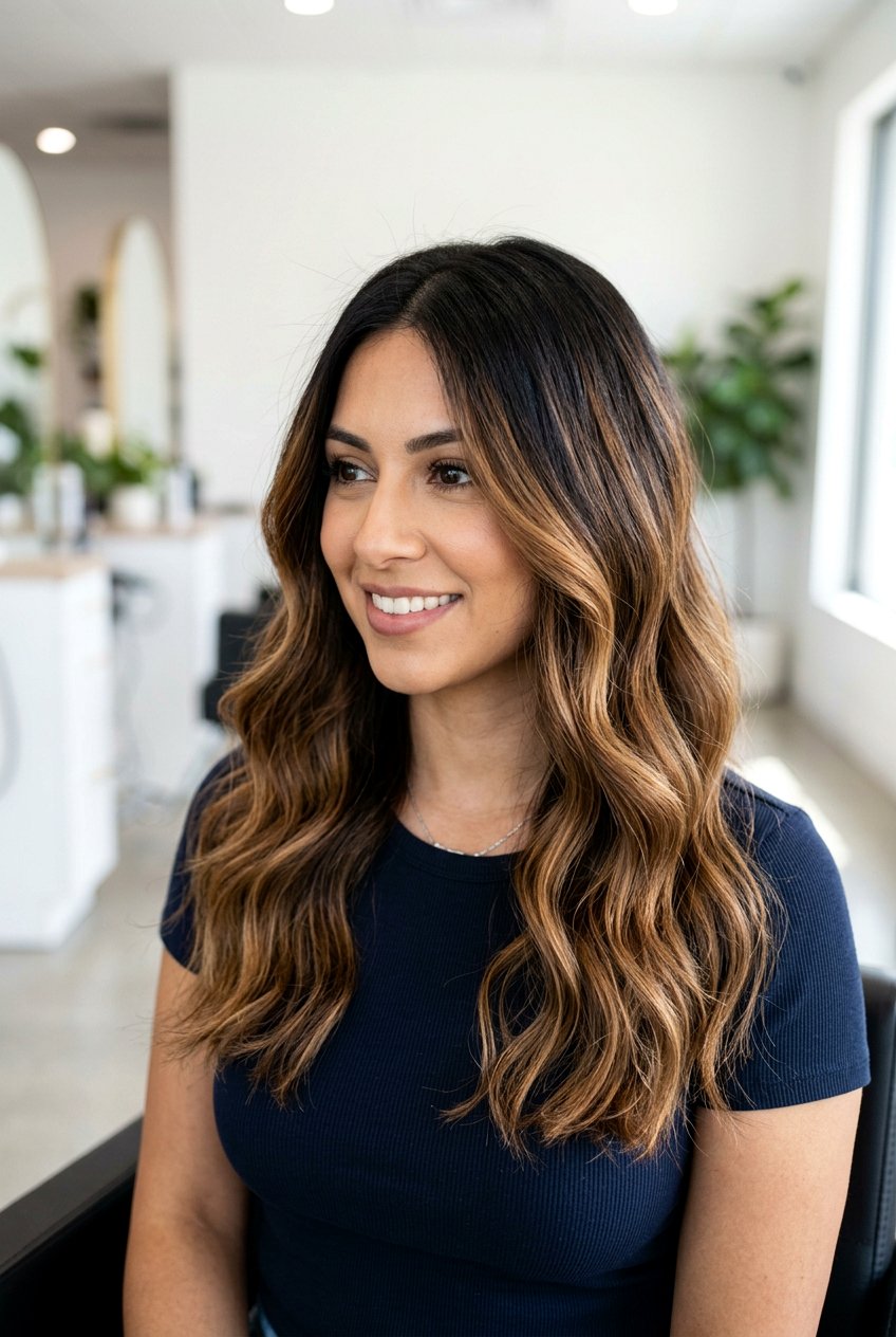 Warm toffee balayage on dark roots - 20 high contrast balayage hair - 20 high contrast balayage hair