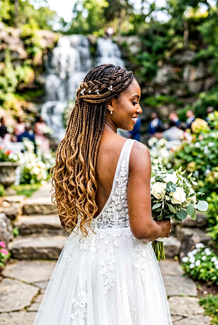 Waterfall Box Braid Half Up - 20 bridal braid styles for black women - 20 bridal braid styles for black women
