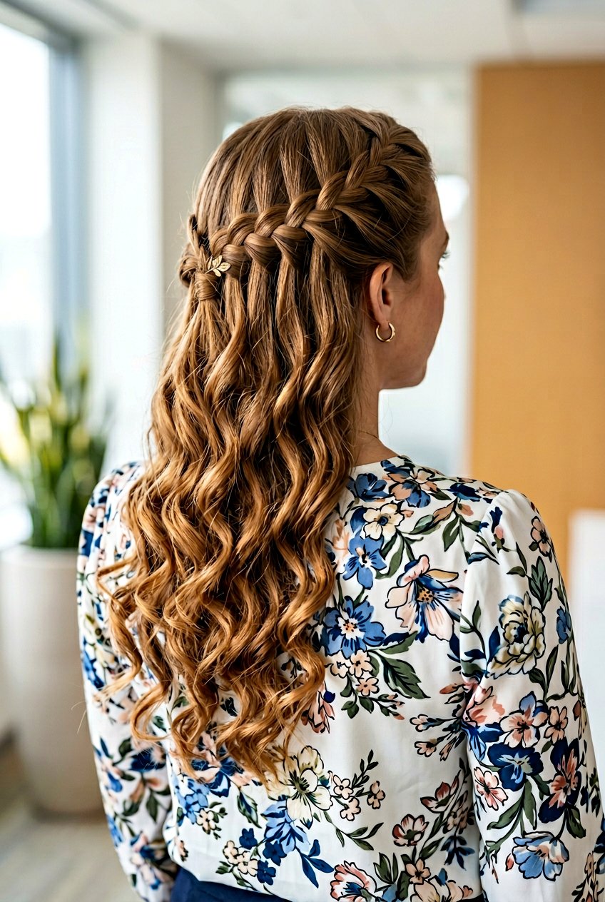 Waterfall Braid - 20 easy work hairstyle for long curly hair - 20 easy work hairstyle for long curly hair