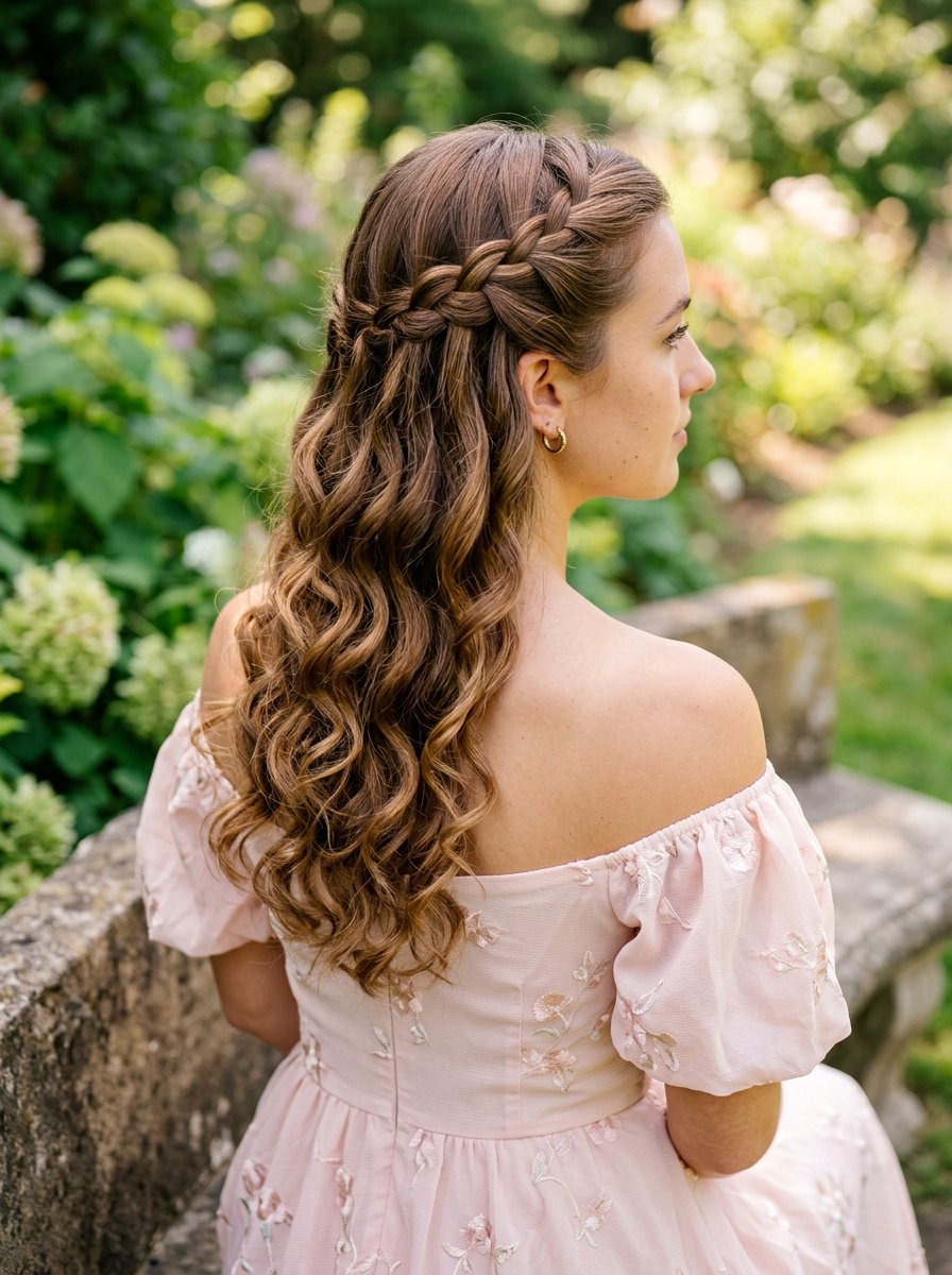 Waterfall Braid Loose Curls - 20 party hairstyle for off shoulder dress - 20 party hairstyle for off shoulder dress
