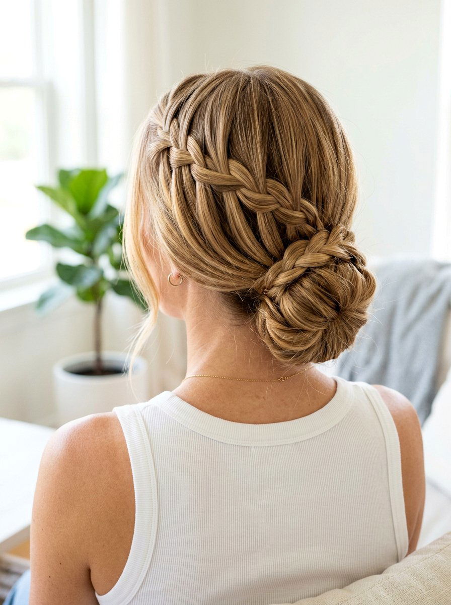 Waterfall Braid Low Bun - 20 gym hairstyle with low braid bun - 20 gym hairstyle with low braid bun