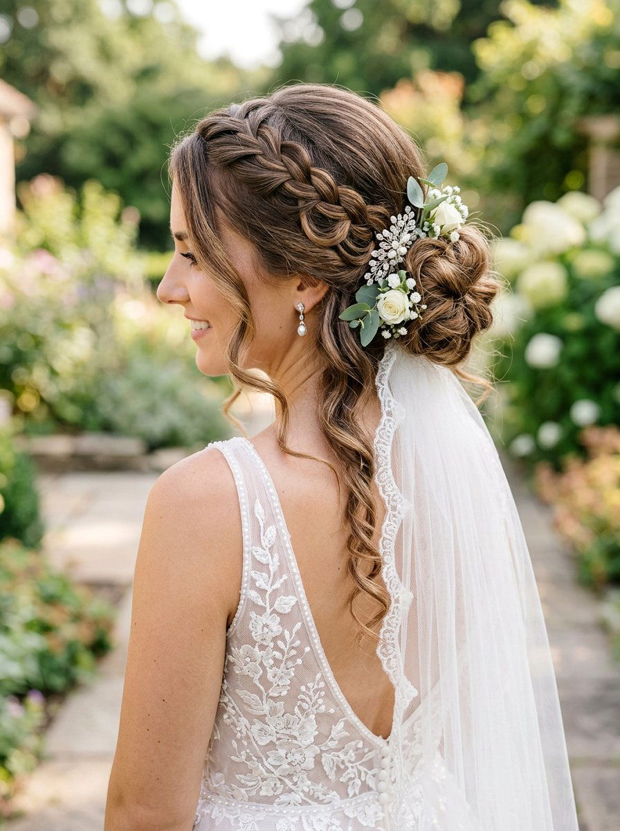 Waterfall Braid Side Bridal Bun - 20 side braided bridal bun - 20 side braided bridal bun