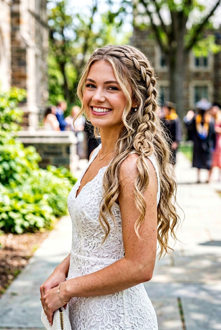 Waterfall Braid With Beach Waves - 20 graduation hairstyle with half up braid - 20 graduation hairstyle with half up braid
