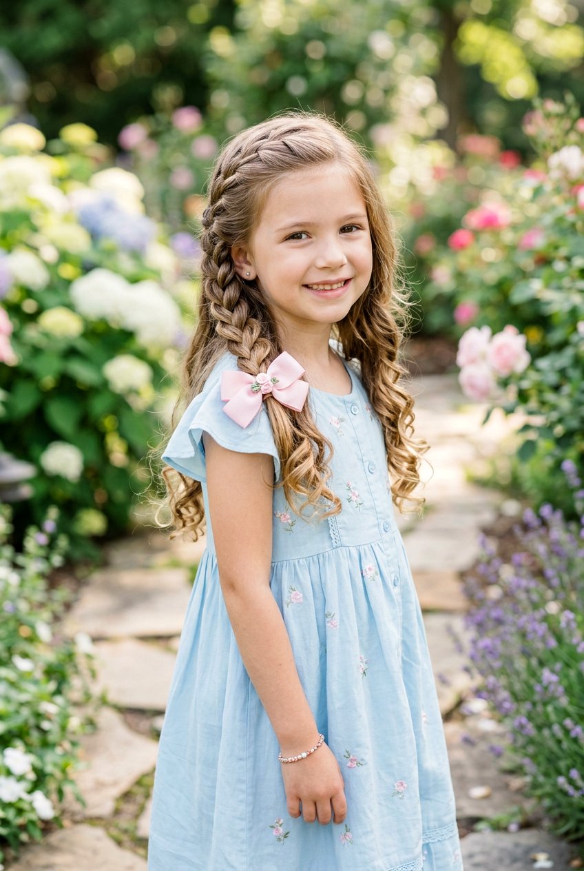 Waterfall Braid With Bow Accent - 20 easter hairstyles for little girls with bows - 20 easter hairstyles for little girls with bows