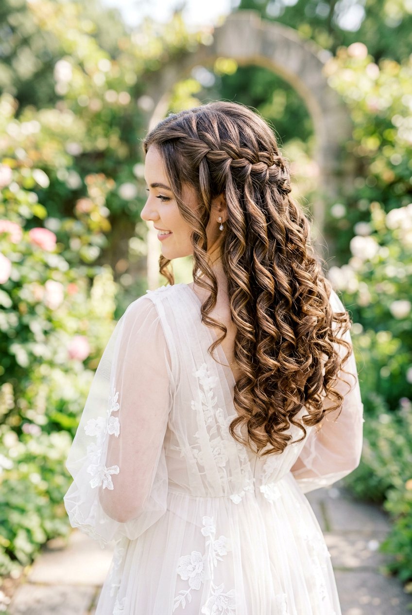 Waterfall Braid With Curls - 20 bridal hairstyle with romantic braid - 20 bridal hairstyle with romantic braid