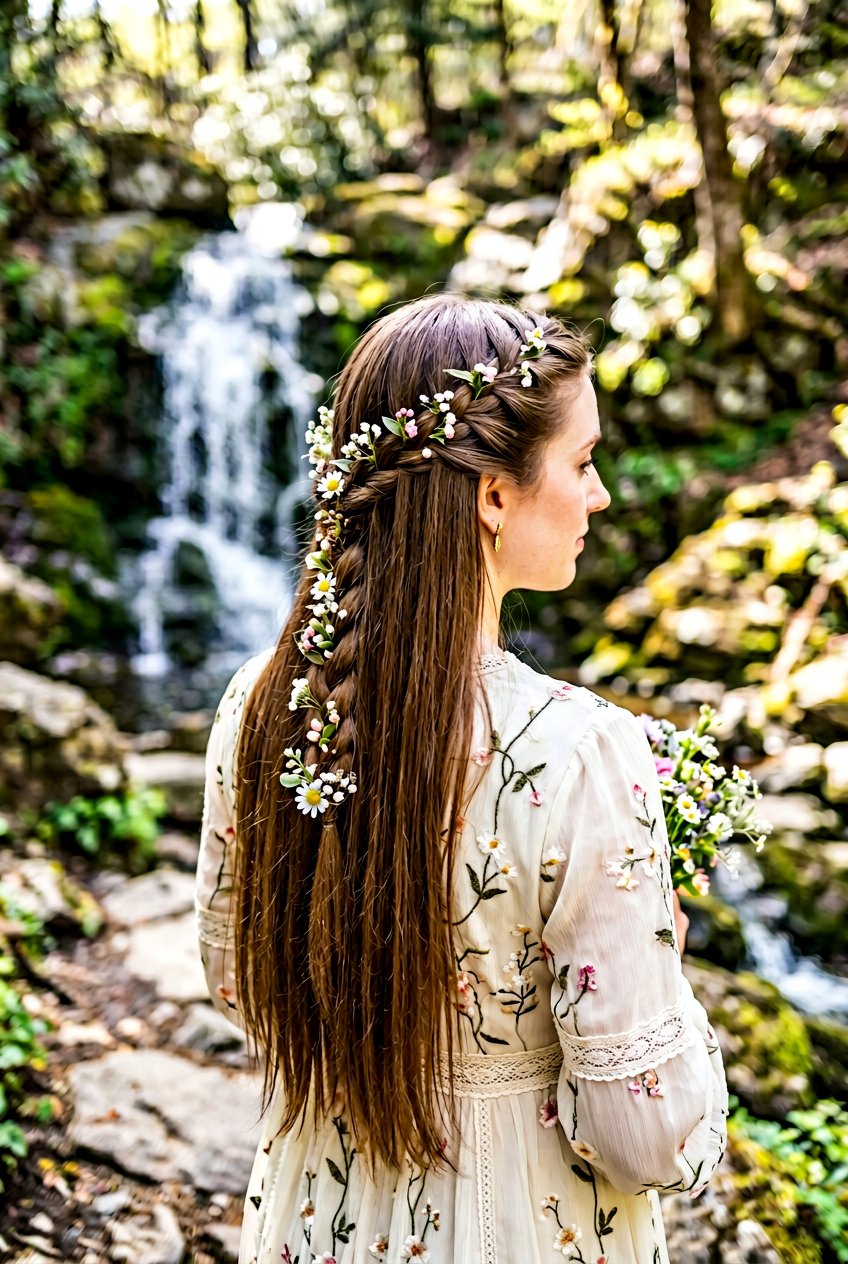 Waterfall Braid With Tiny Floral Pins - 20 bridal hairstyle with floral pins - 20 bridal hairstyle with floral pins