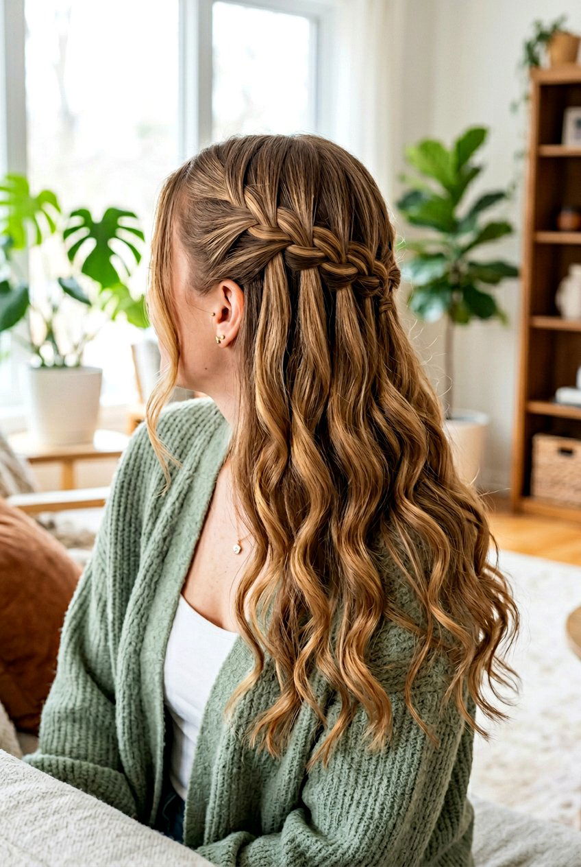 Waterfall Braid With Waves - 20 light academia braid hairstyle - 20 light academia braid hairstyle