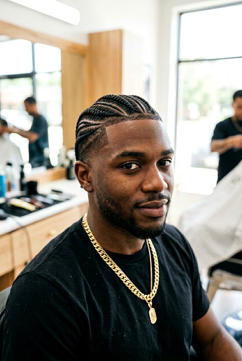Wave Pattern Cornrows With Temple Taper - 20 cornrows with taper for men - 20 cornrows with taper for men