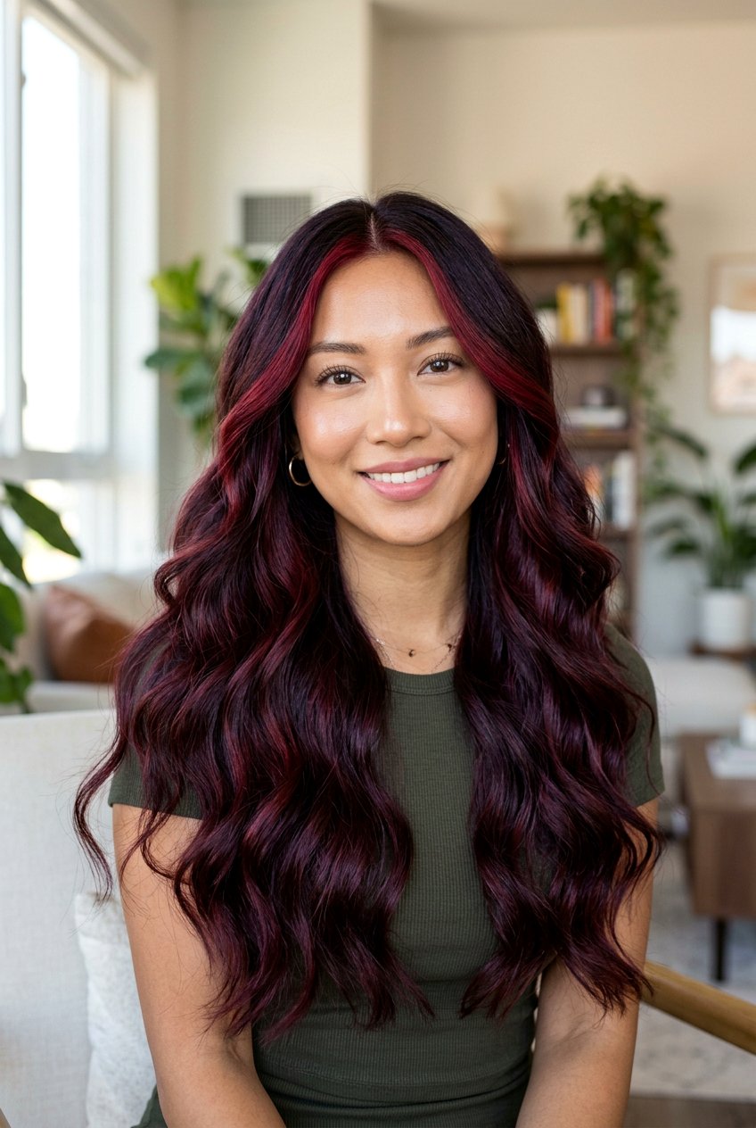 Wavy Black Cherry Balayage With Money Piece - 20 black cherry balayage with money piece - 20 black cherry balayage with money piece
