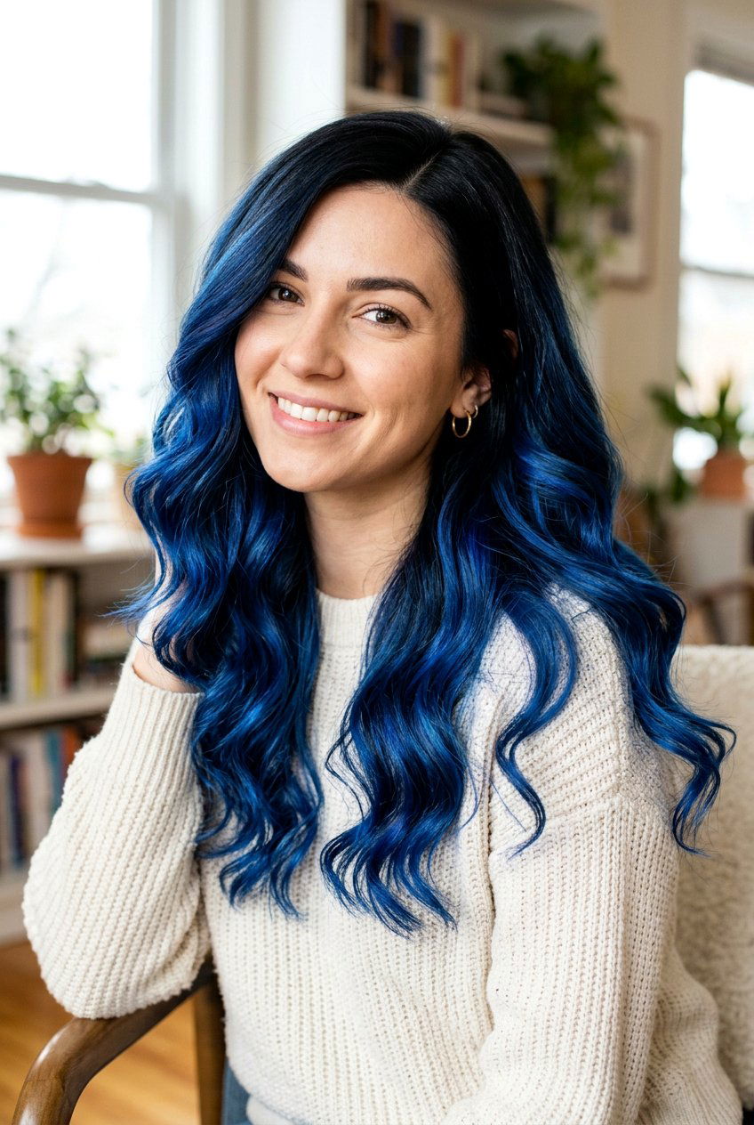 Wavy Blue Balayage On Black Hair - 20 blue balayage on black hair - 20 blue balayage on black hair