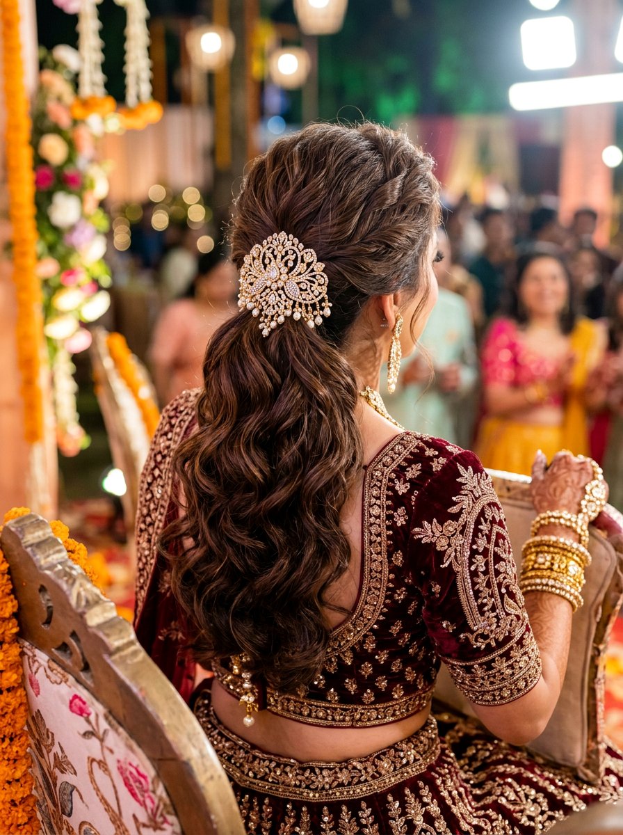 Wavy Bridal Ponytail with Jeweled Accessory - 20 sangeet ponytail hairstyle - 20 sangeet ponytail hairstyle