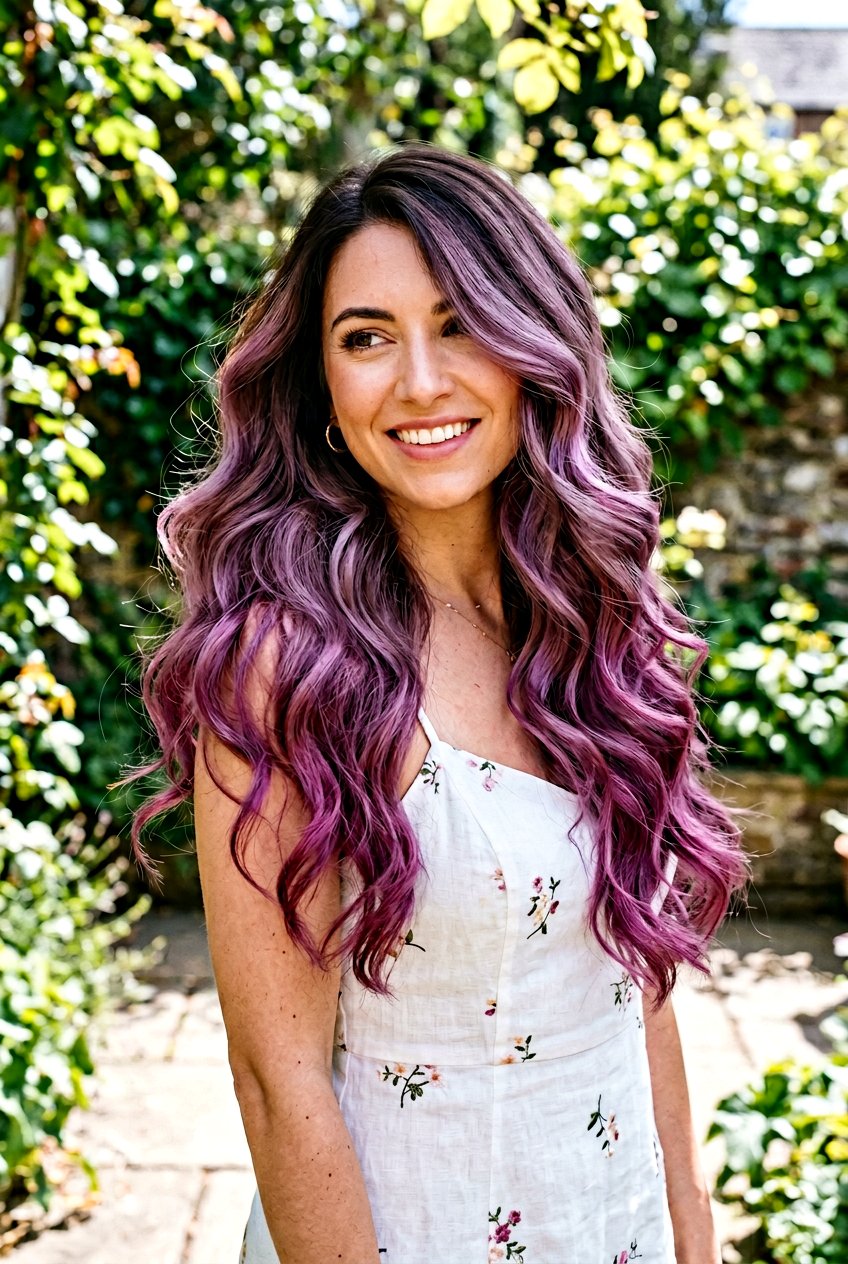 Wavy Brunette Hair With Heavy Mauve Balayage - 20 mauve balayage on brunette hair - 20 mauve balayage on brunette hair