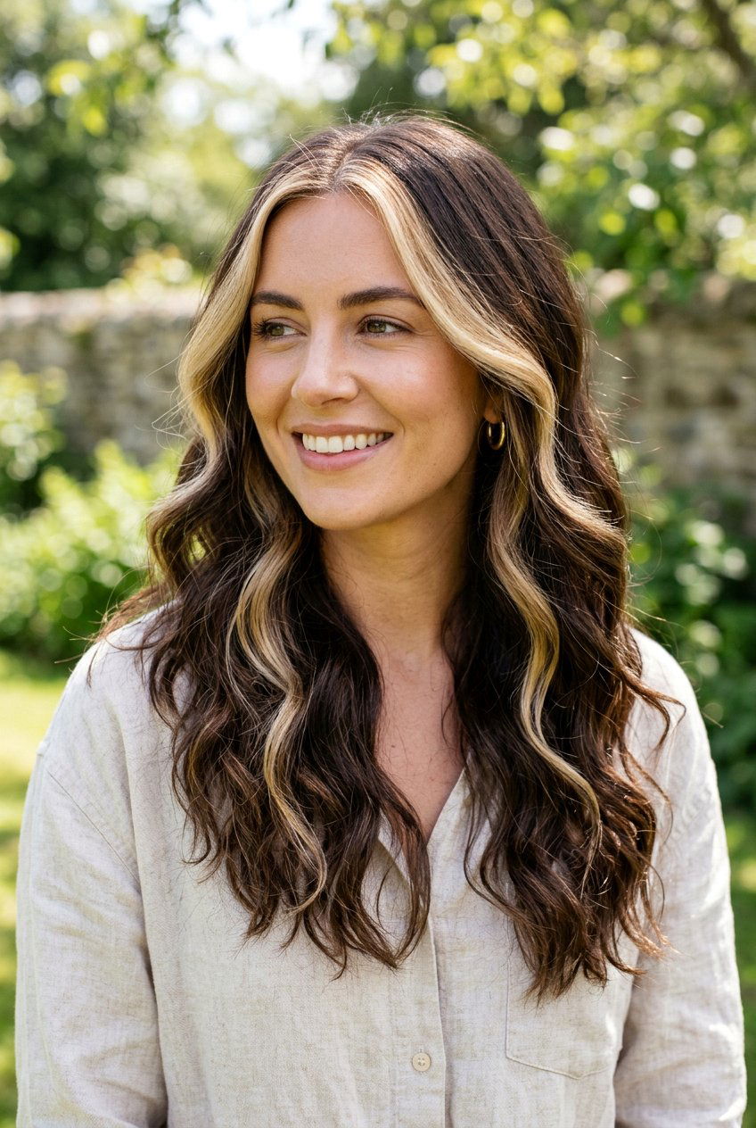 Wavy Brunette Hair with Blonde Money Piece - 20 brunette hair with blonde money piece - 20 brunette hair with blonde money piece