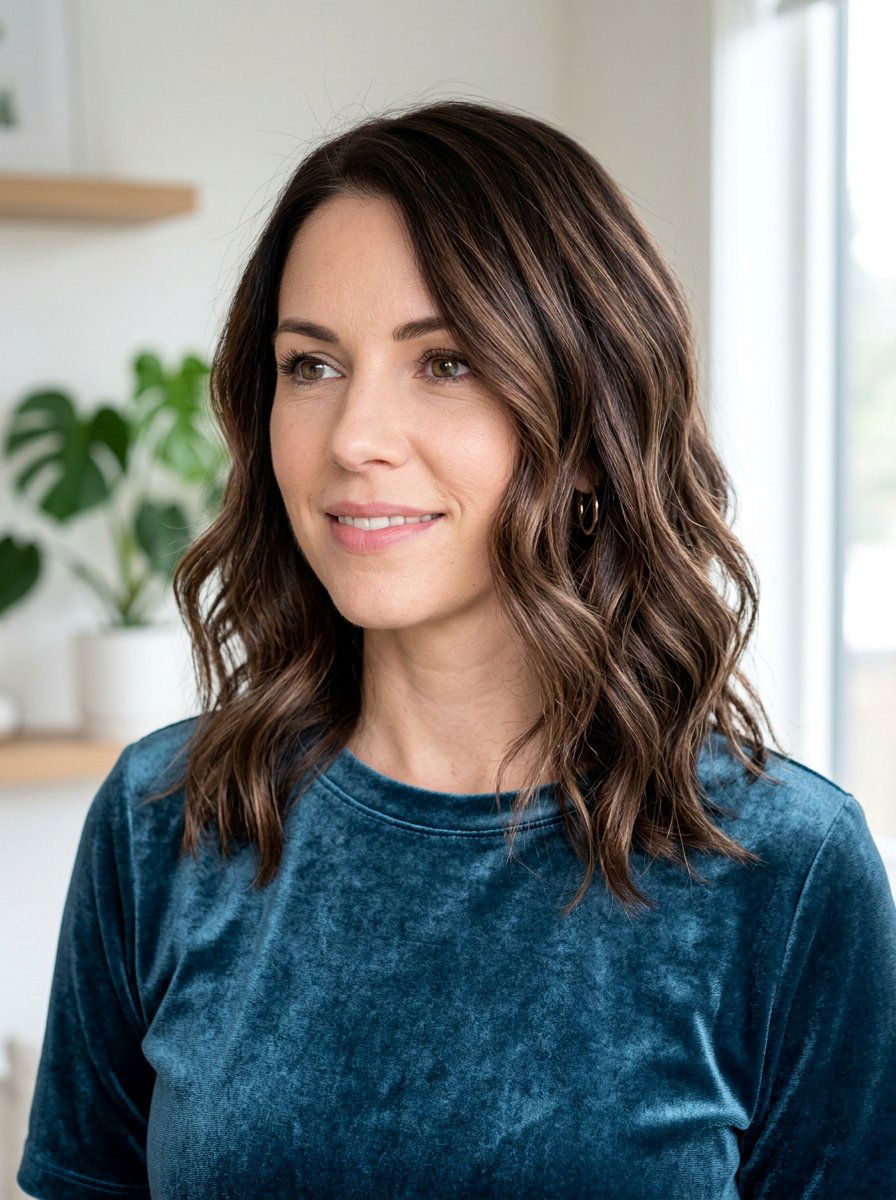 Wavy Brunette Lob With Cool Chestnut Highlights - 20 winter brunette with cool highlights - 20 winter brunette with cool highlights