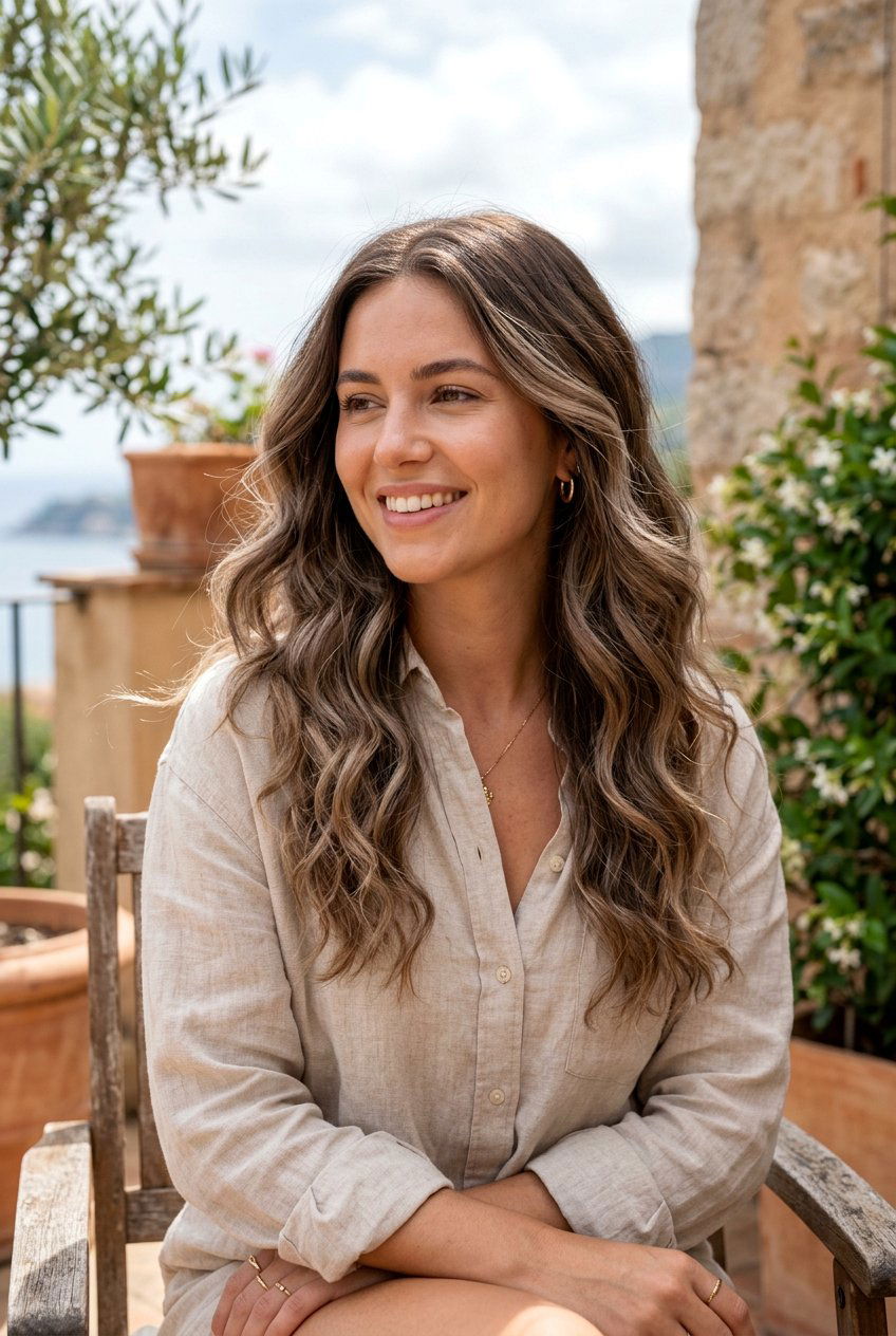 Wavy Cocoa Brunette With Muted Beige Balayage - 20 cocoa brunette with beige balayage - 20 cocoa brunette with beige balayage