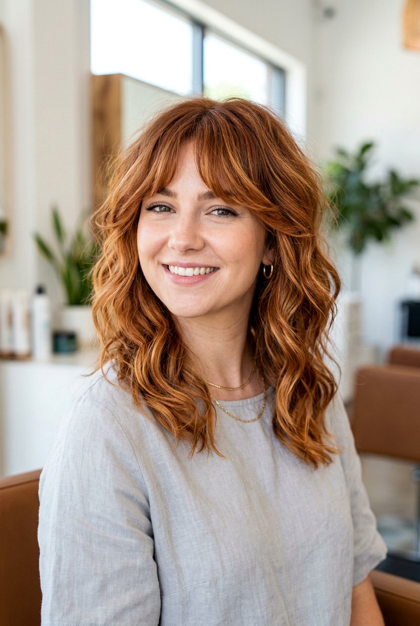 Wavy Copper Balayage With Textured Curtain Bangs - 20 copper balayage with curtain bangs - 20 copper balayage with curtain bangs