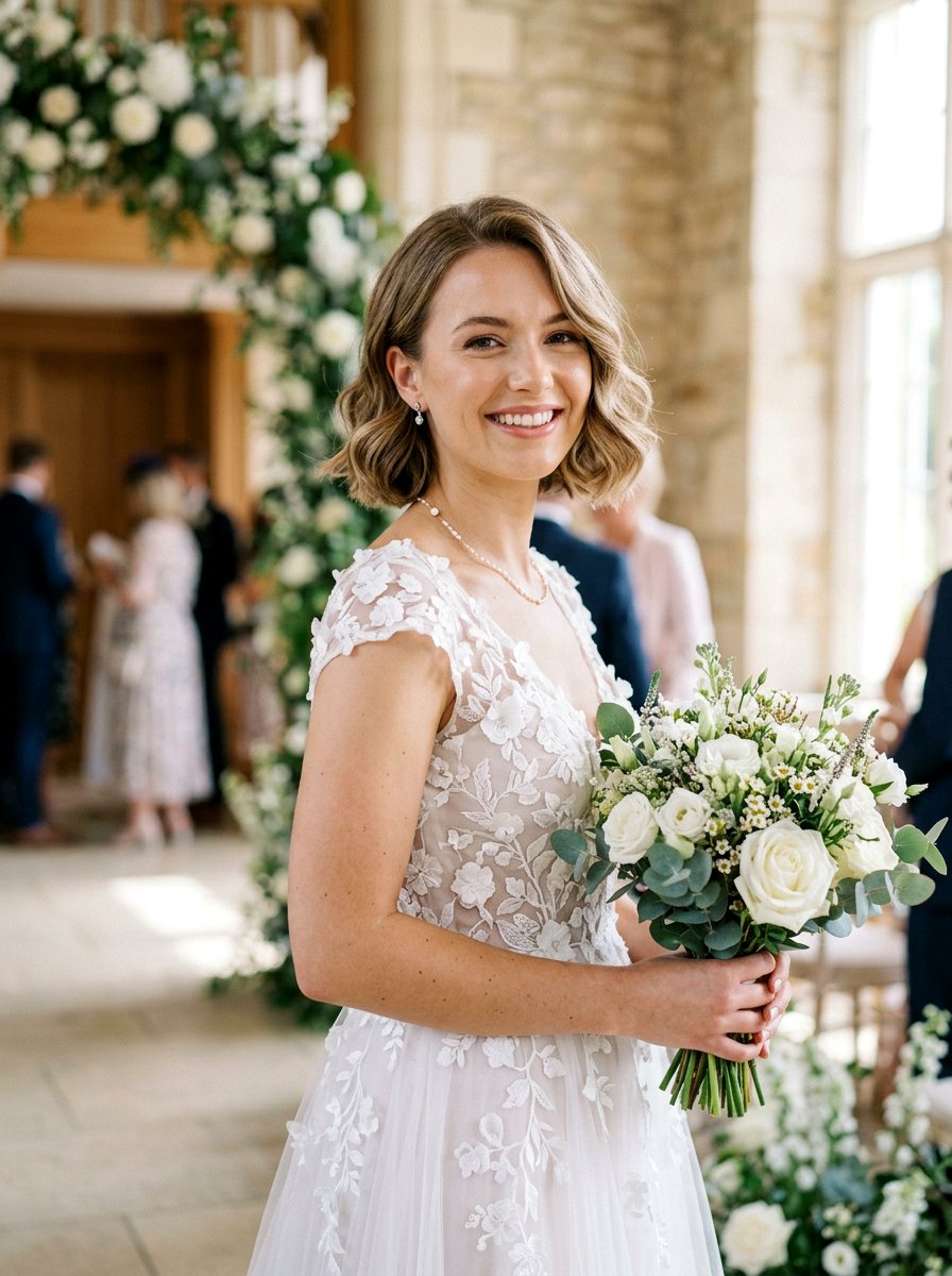 Wavy Ends Bob Wedding Look - 20 simple bridal hairstyle for short hair - 20 simple bridal hairstyle for short hair