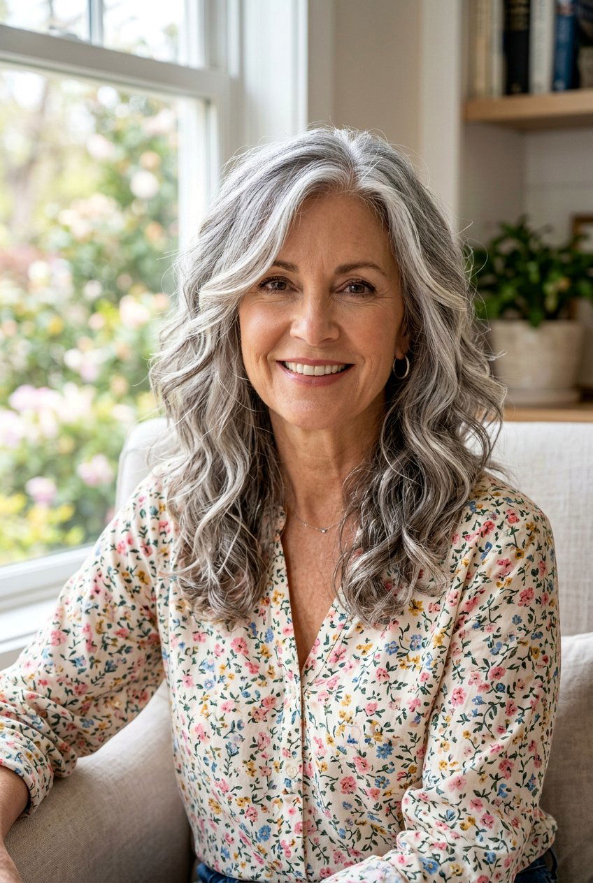 Wavy Gray Hair With Face Framing Layers And Highlights - 20 gray hair with face framing layers - 20 gray hair with face framing layers