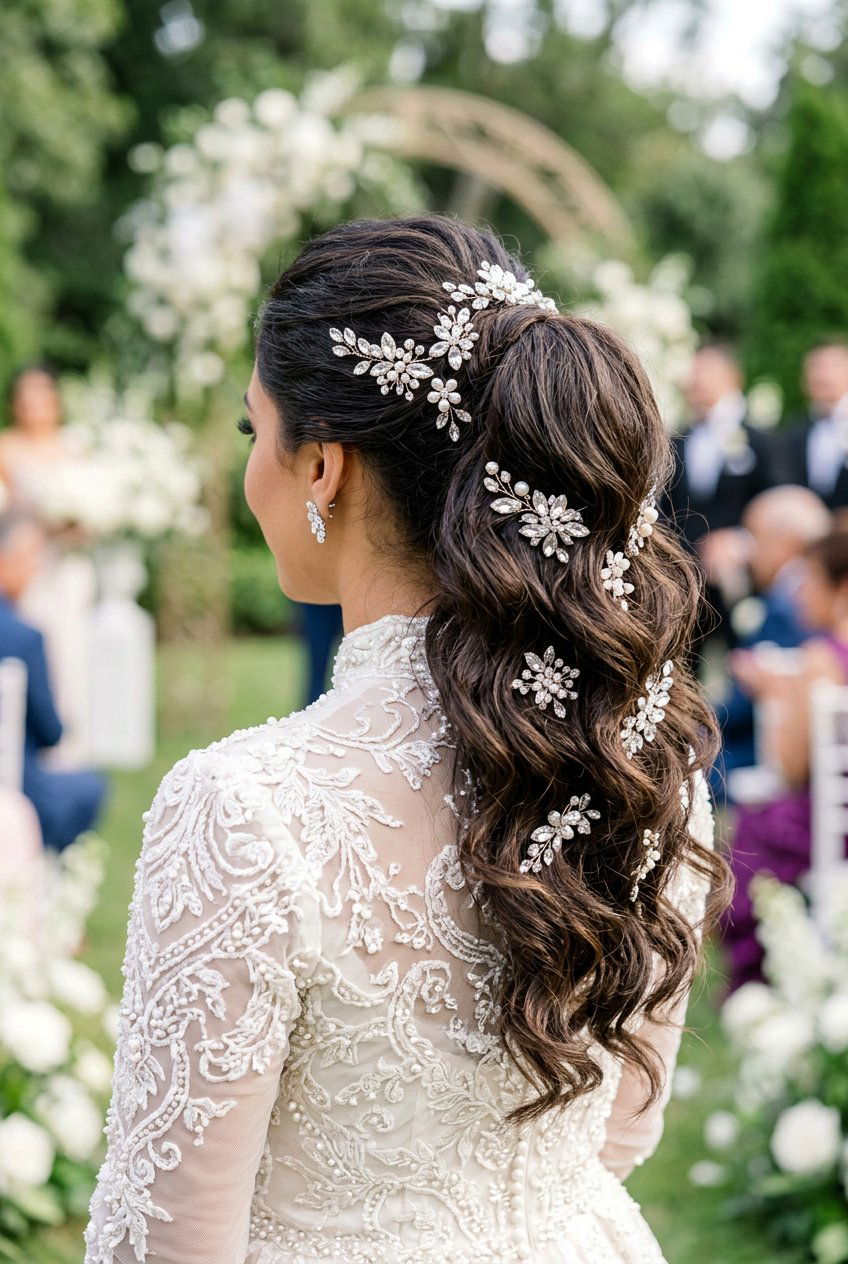 Wavy High Bridal Ponytail With Crystal Pins - 20 bridal ponytail with crystal pins - 20 bridal ponytail with crystal pins