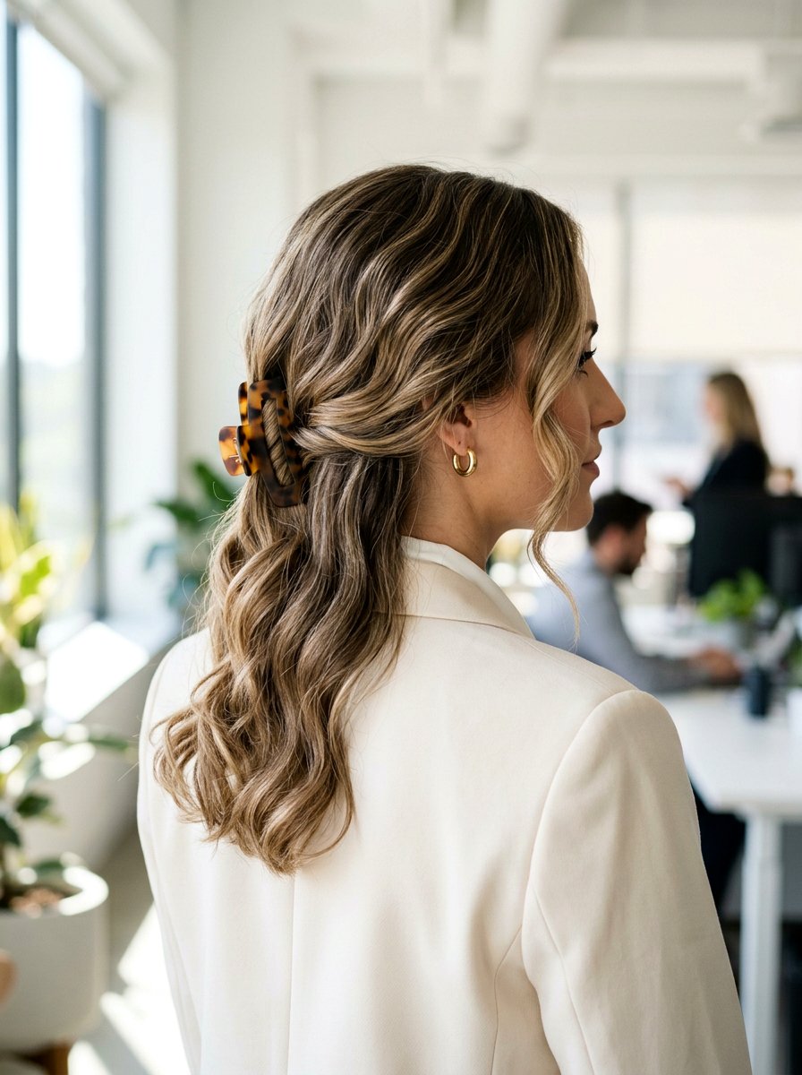Wavy Low Claw Clip - 20 office friendly claw clip hairstyles - 20 office friendly claw clip hairstyles