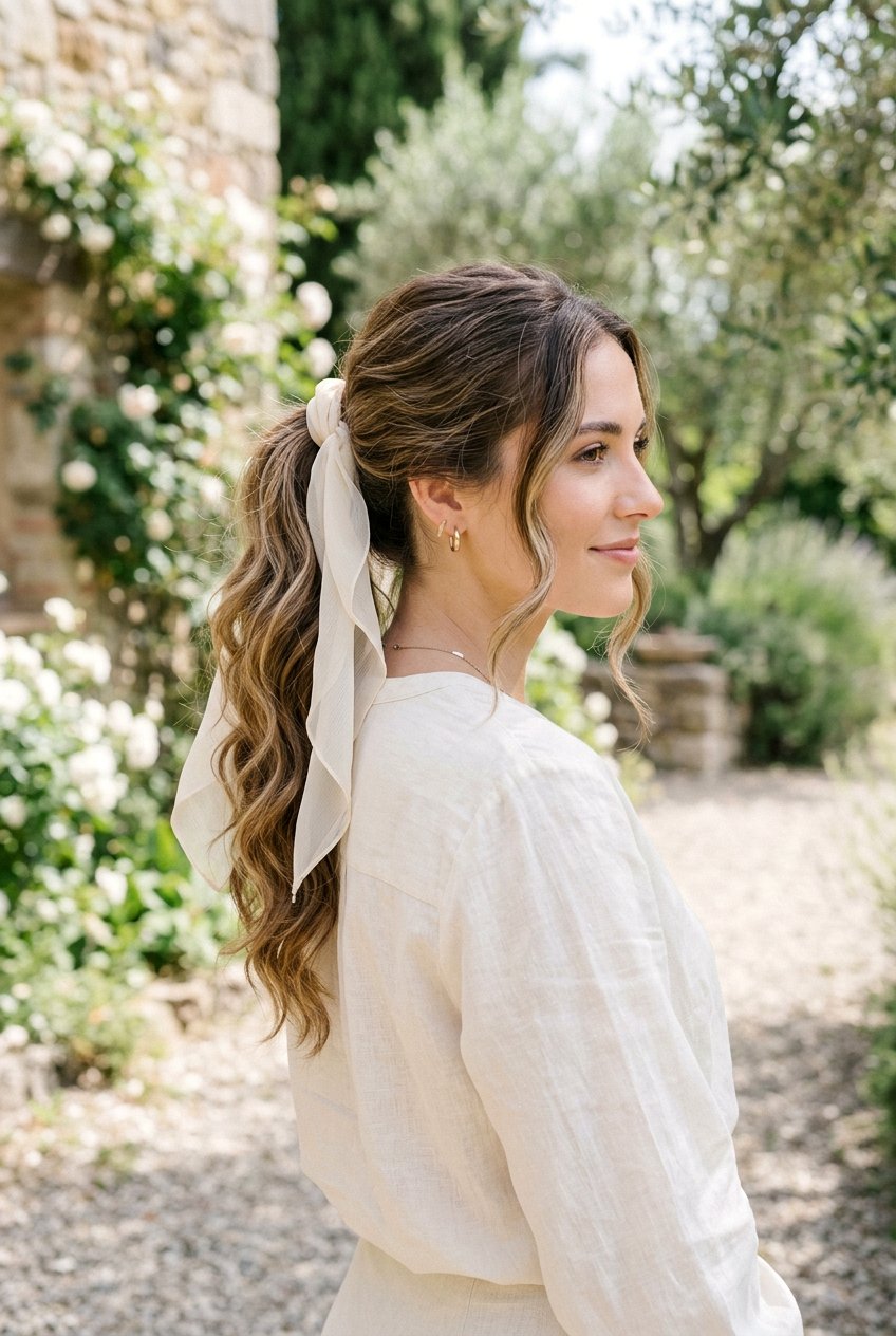 Wavy Mid Ponytail With Chiffon Scarf - 20 scarf ponytail hairstyle - 20 scarf ponytail hairstyle