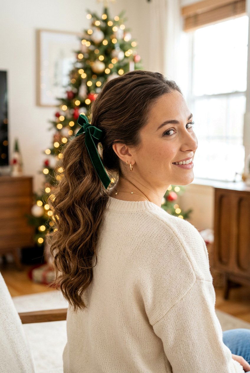 Wavy Ponytail With Bow Detail - 20 holiday ponytail with bow - 20 holiday ponytail with bow